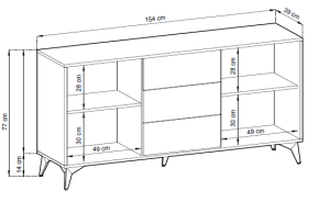 Długa komoda RTV/sideboard z dwiema otwartymi sekcjami i trzema szufladami, 154x77x39 cm, na nóżkach, rysunek techniczny.