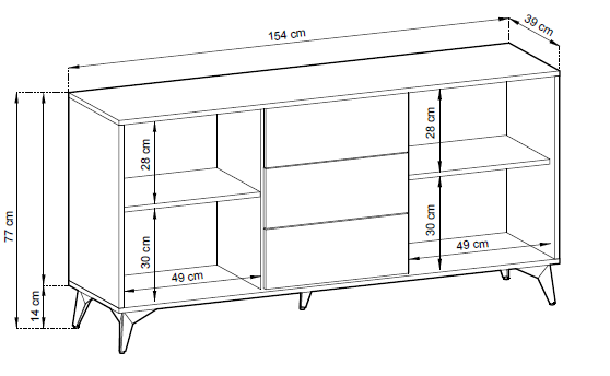 Długa komoda RTV/sideboard z dwiema otwartymi sekcjami i trzema szufladami, 154x77x39 cm, na nóżkach, rysunek techniczny.