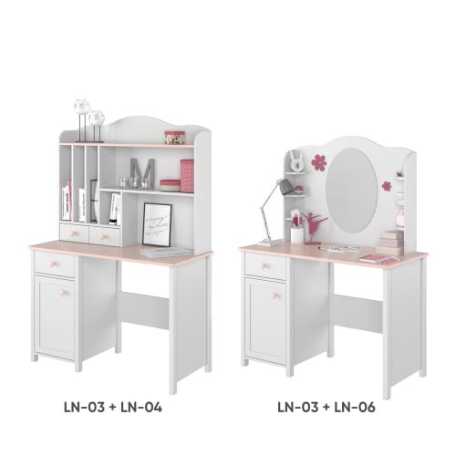 Porównanie biurka z nadstawką i toaletki z lustrem z kolekcji mebli dziecięcych Luna.
