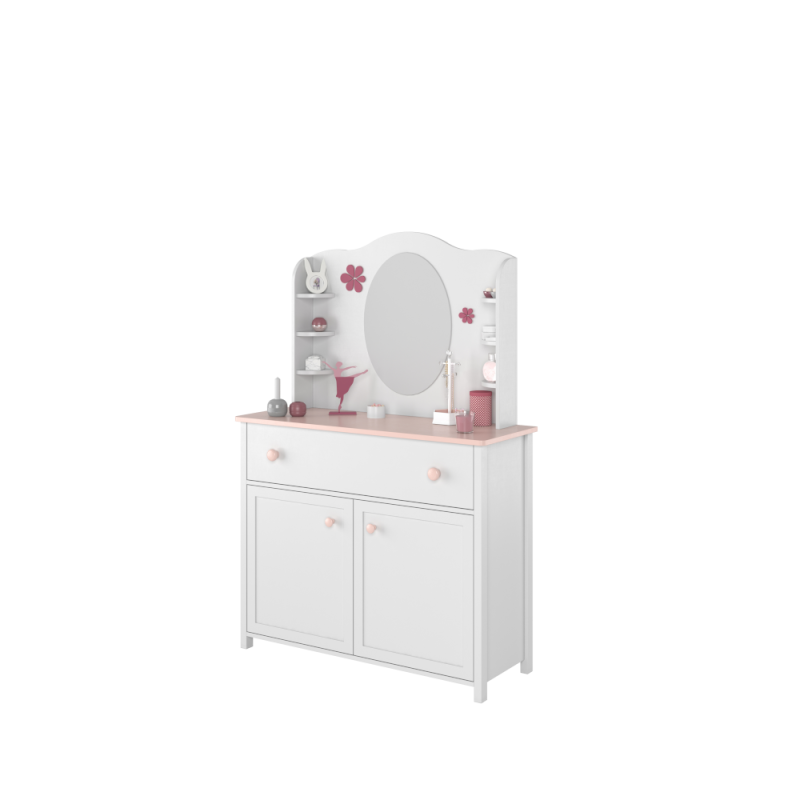 Stylowa toaletka dziecięca z półkami i różowymi detalami