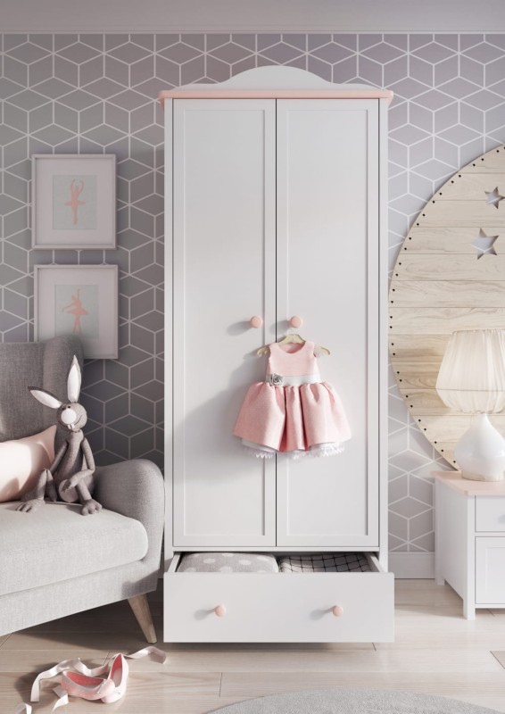 Dwudrzwiowa biała szafa ubraniowa z różowym wykończeniem