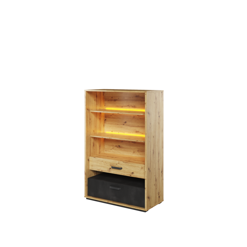 Otwarty regał dębowy z dwiema szufladami i oświetleniem LED.