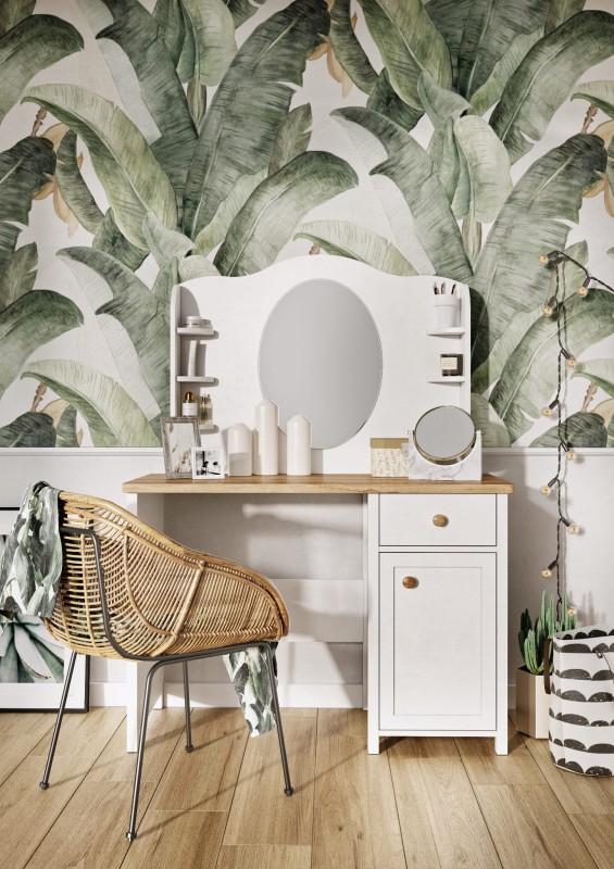 Stylowa biała toaletka z drewnianym blatem i owalnym lustrem.