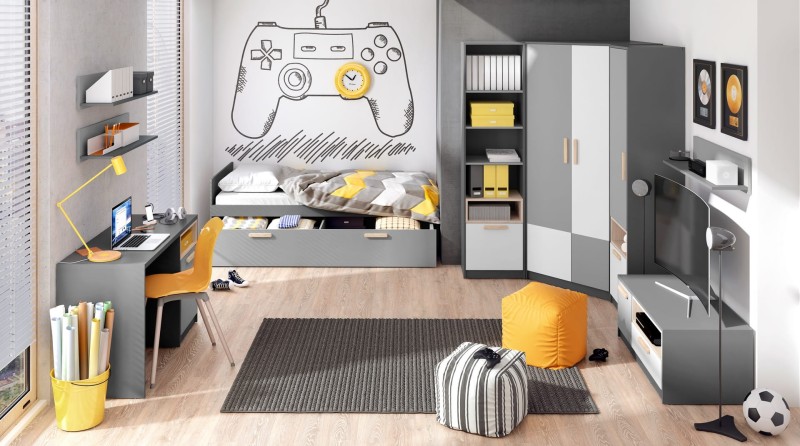 Nowoczesny pokój młodzieżowy z szarymi meblami i żółtymi dodatkami.
