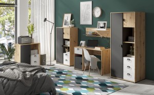 Dywan geometryczny w odcieniach zieleni i szarości, czarna lampa stojąca, dekoracje na półkach, nowoczesne wnętrze.