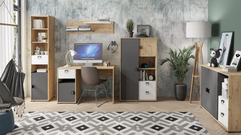 Komplet mebli do gabinetu dąb artisan i szary, biurko, regały i szafka, w nowoczesnym stylu.
