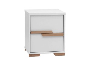 Biała szafka nocna z dwoma szufladami i drewnianymi uchwytami, nowoczesny design, na białym tle.