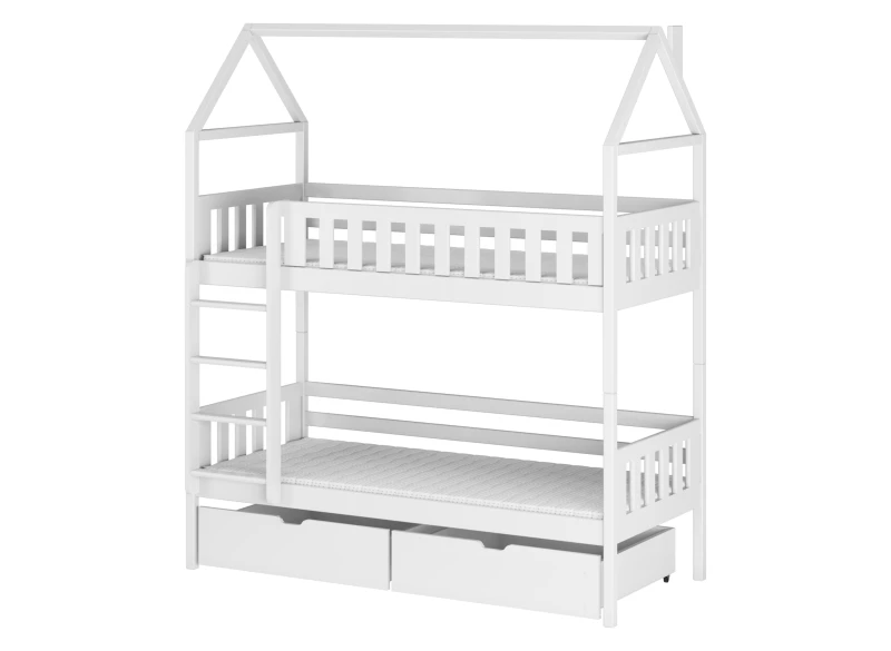 Schemat techniczny piętrowego łóżka domku z wymiarami i szufladami.