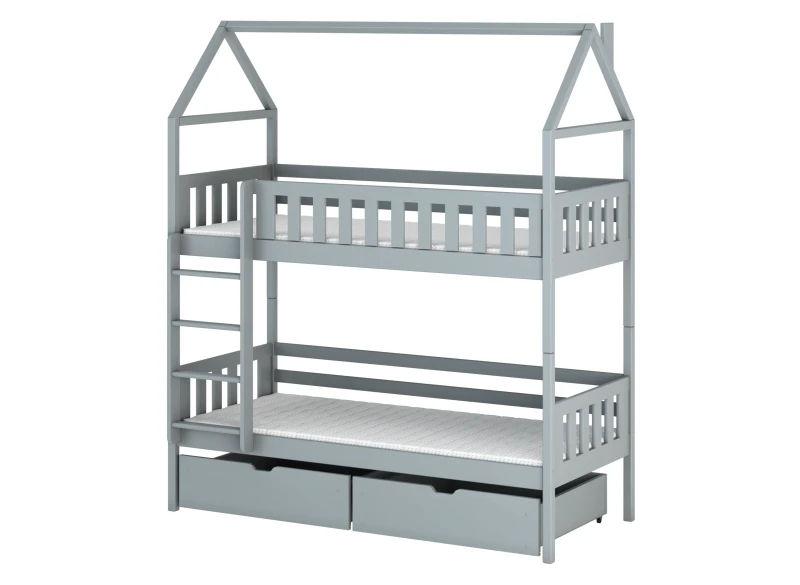 Szczegółowy schemat wymiarowy łóżka piętrowego domku dla dzieci.