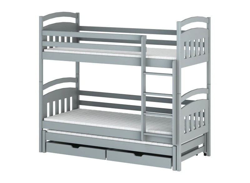 Wymiary łóżka piętrowego trzyosobowego z dodatkowym spaniem i szufladami.