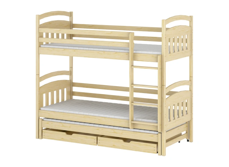 Naturalne drewniane łóżko piętrowe z wysuwanym spaniem i szufladami, materace, na białym tle.