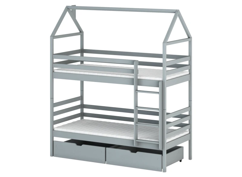 Szare drewniane łóżko piętrowe domek z szufladami i materacami, do pokoju dziecięcego, na białym tle.