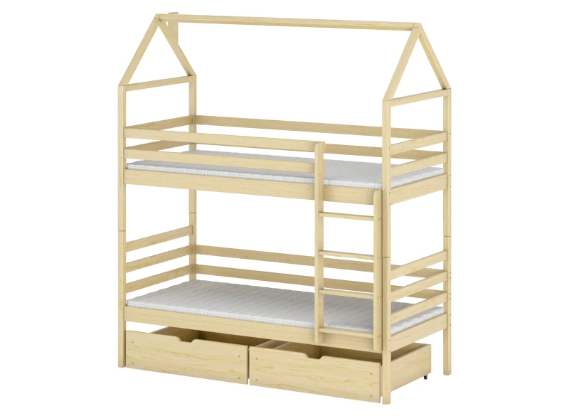 Naturalne drewniane łóżko piętrowe domek, sosnowe, z szufladami, dla dzieci, na białym tle.