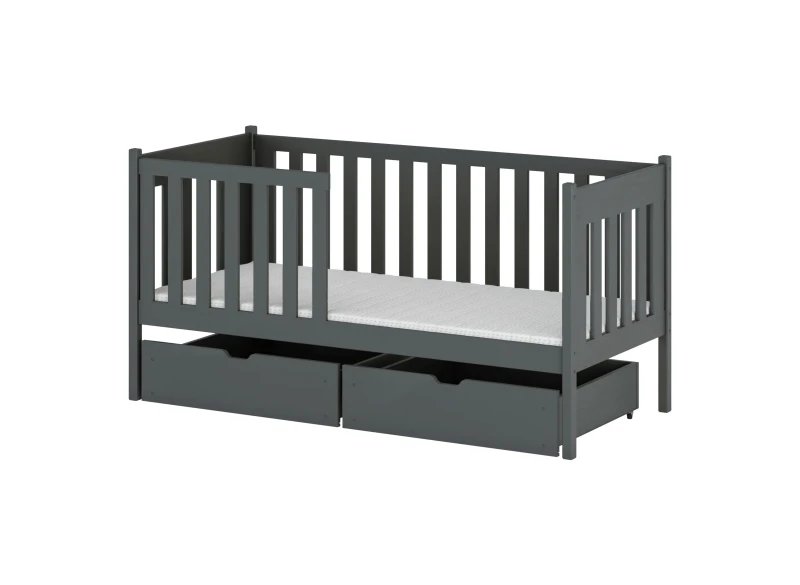 Grafitowe łóżko dziecięce z barierkami i szufladami na pościel