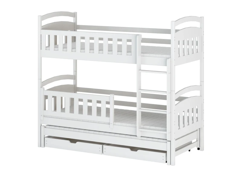 Białe łóżko piętrowe z drewna, z wysuwanym łóżkiem i szufladami, na białym tle.