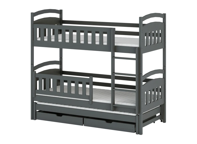 Ciemnoszare łóżko piętrowe z drewna, z wysuwanym łóżkiem i szufladami, na białym tle.