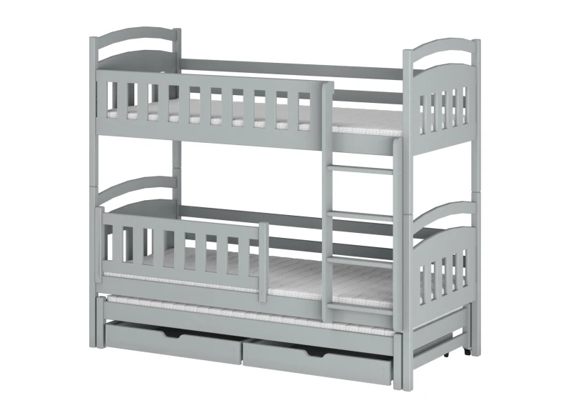 Białe łóżko dziecięce z barierkami, widok z góry, z wymiarami w centymetrach na białym tle.