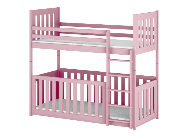 Różowe łóżko piętrowe drewniane z dostawką dla niemowlaka i drabinką, na białym tle.