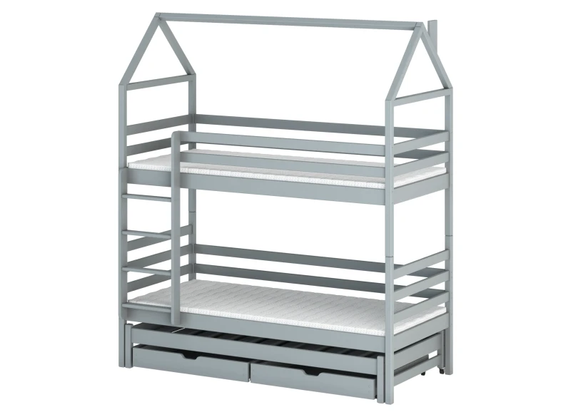 Schemat łóżka piętrowego domek z wymiarami, trzy poziomy spania i szuflady.