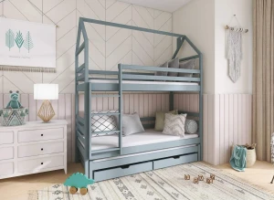 Błękitne łóżko piętrowe domek z wysuwanym łóżkiem i szufladami, drewniane, w pokoju dziecięcym.