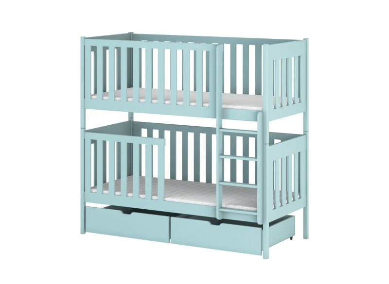 Łóżko piętrowe drewniane jasnoniebieskie z szufladami i materacami, na białym tle.