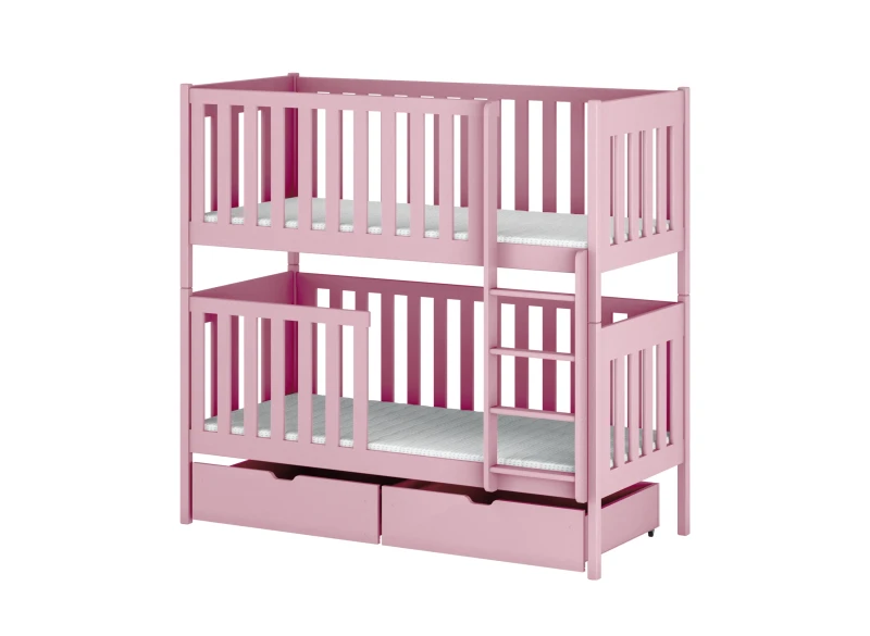 Łóżko piętrowe drewniane różowe z szufladami i materacami, na białym tle.