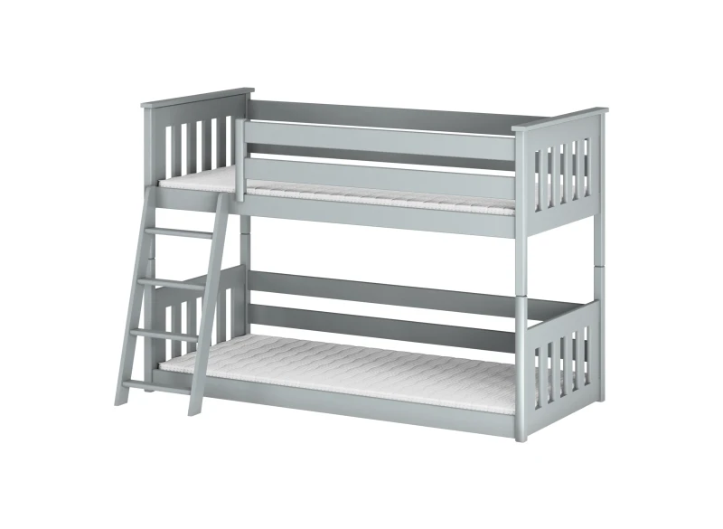 Rysunek poglądowy białego łóżka piętrowego z barierkami.