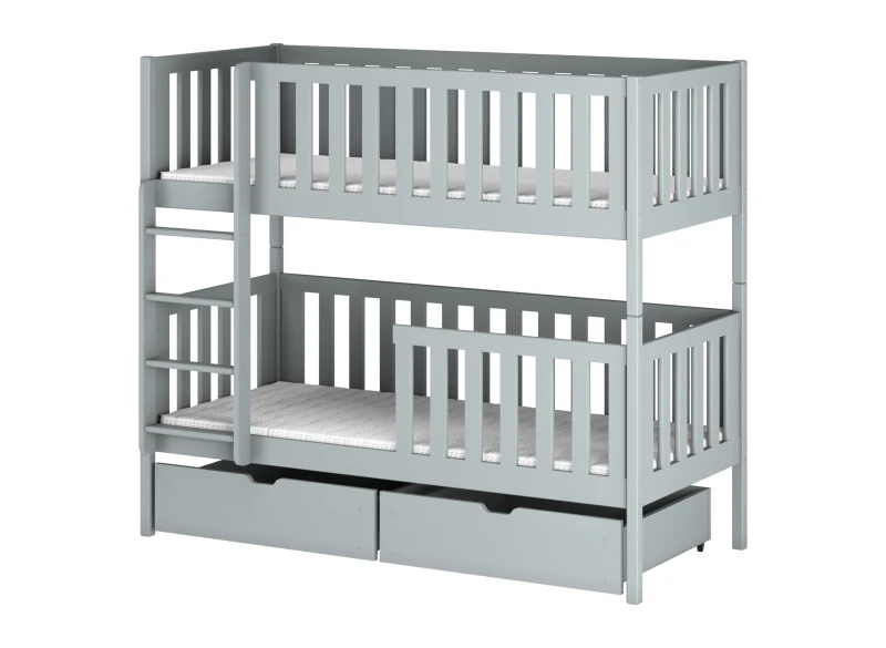 Szare łóżko piętrowe drewniane z szufladami i materacami, idealne do pokoju dziecięcego, na białym tle.