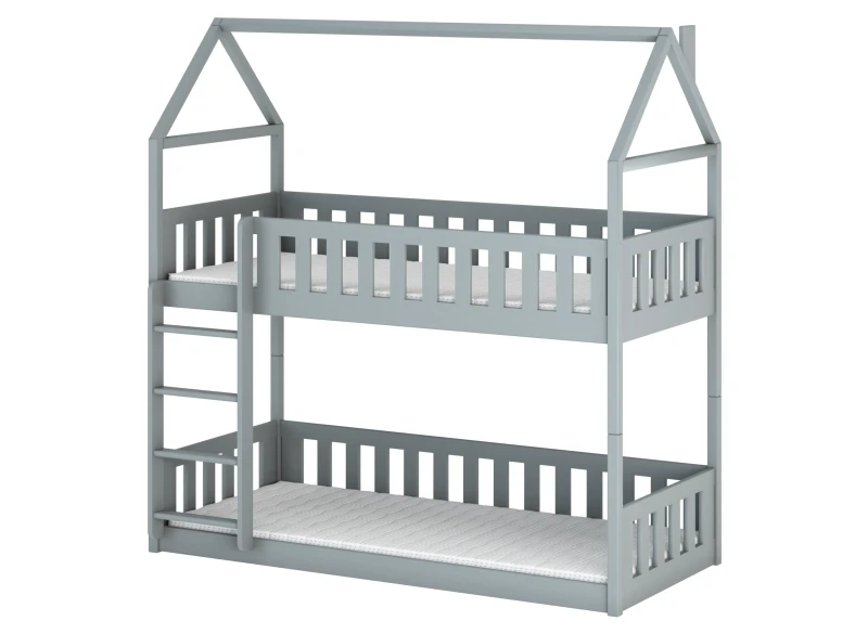 Schemat techniczny łóżka piętrowego domek z podanymi wymiarami w centymetrach.