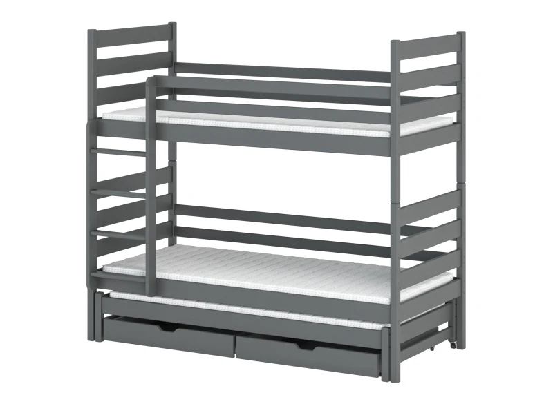 Rysunek konstrukcyjny łóżka piętrowego trzyosobowego z barierkami ochronnymi.