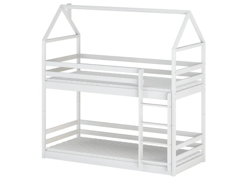 Łóżko piętrowe domek dla dzieci, białe drewno, z materacami, na białym tle.