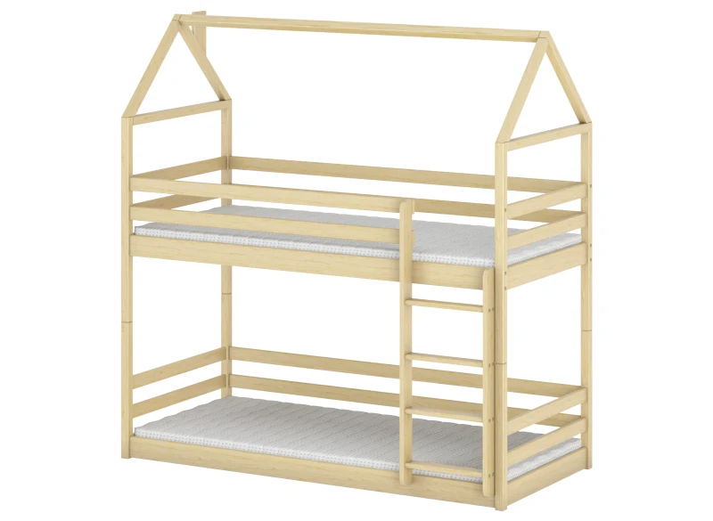 Łóżko piętrowe domek z naturalnego drewna, z materacami, na białym tle.