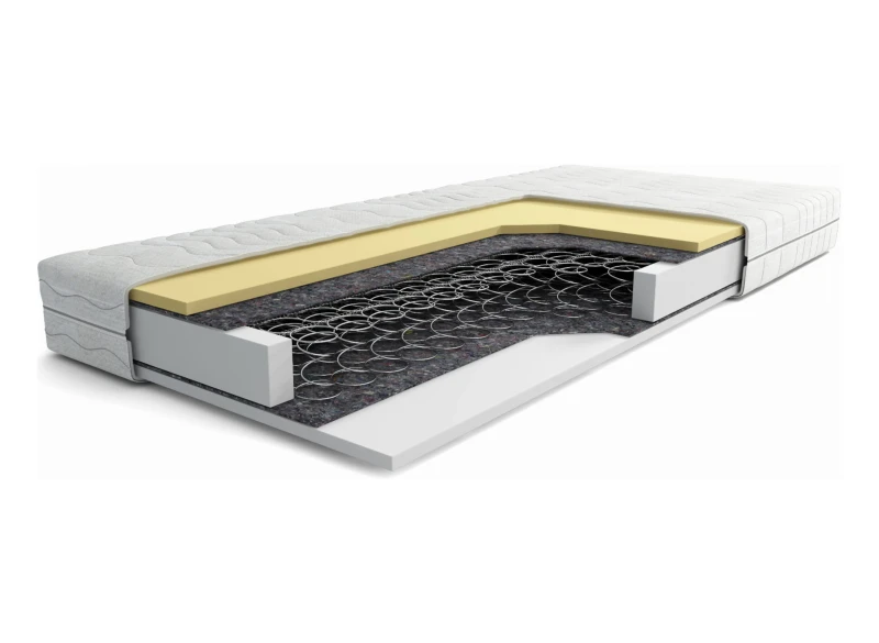 Materac bonellowy, przekrój. Widoczne warstwy: sprężyny, pianka, filc. Biały pokrowiec, na białym tle.