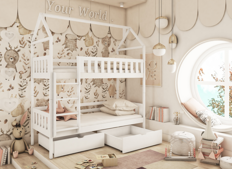 Białe łóżko piętrowe domek z drewna w pokoju dziecięcym, beżowe ściany, okrągłe okno.