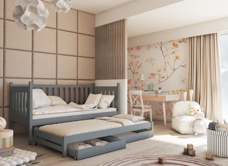 Praktyczne szare łóżko dziecięce z barierką, trundle i miejscem do przechowywania.