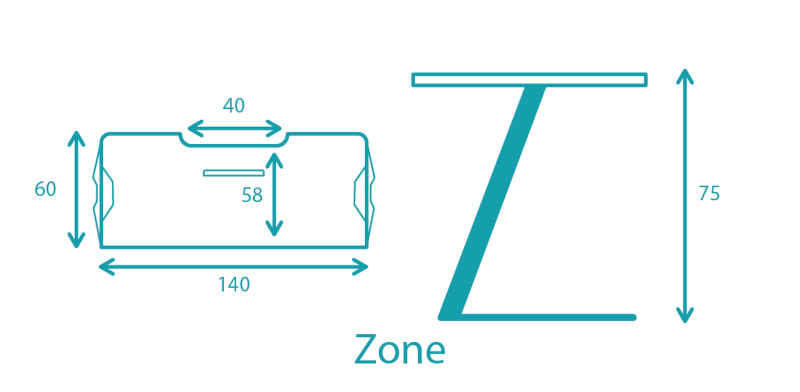 Profil Zone, wymiary techniczne i przekrój, na białym tle.