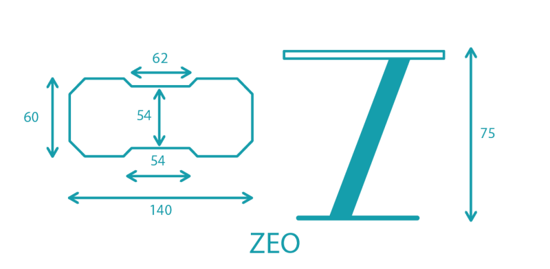 Podstawa stołu ZEO, metalowa, profil skośny, wymiary techniczne, na białym tle.