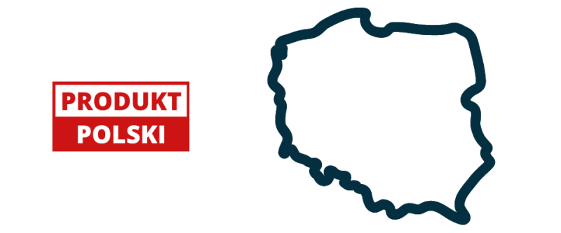 Znak graficzny Produkt Polski obok obrysu granic Polski.