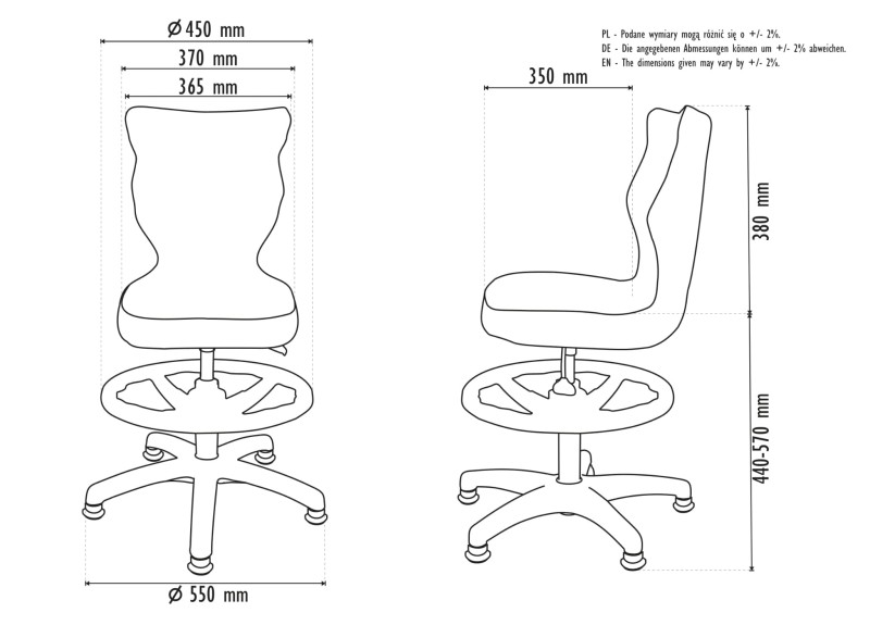 Rysunek techniczny krzesła obrotowego z podnóżkiem, wymiary: szer. 450mm, wys. oparcia 380mm, na białym tle.