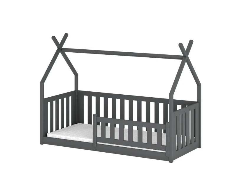 Łóżko tipi dla dzieci, ciemnoszare, drewniane, z barierką, z białym materacem, na białym tle.