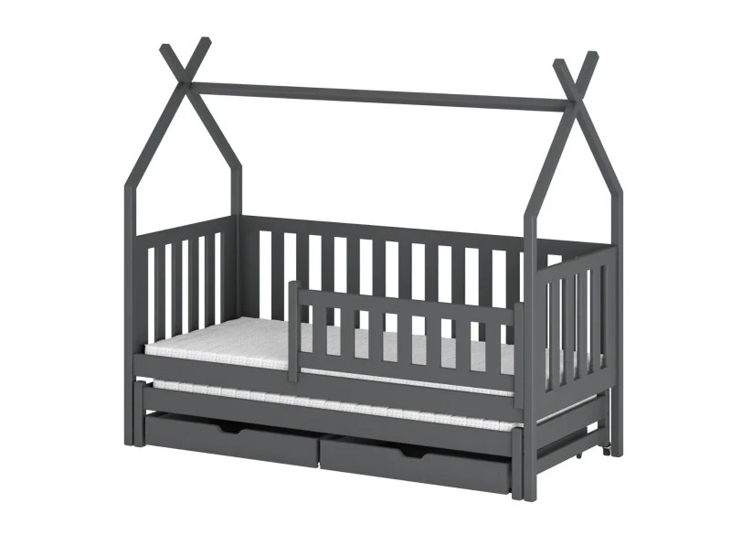 Ciemnoszare łóżko domek dziecięce z drewna, z szufladami i barierką, materace, na białym tle.
