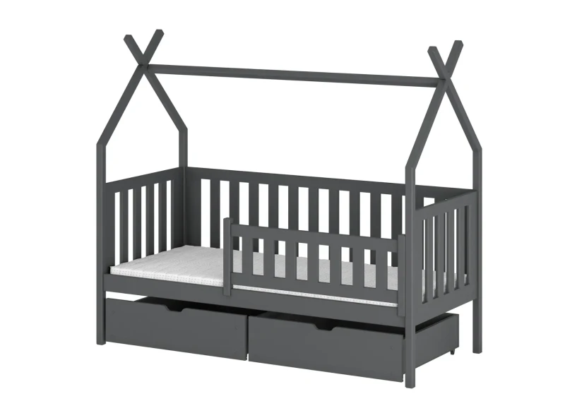 Stylowe szare łóżko domek dla dziecka z barierką i zestawem dwóch szuflad.