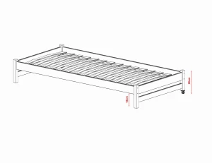 Rysunek techniczny drewnianego stelaża łóżka z listwami i kółkami, wymiary 15cm i 28cm, na białym tle.