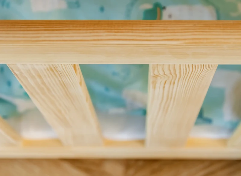 Zbliżenie na barierki ochronne drewnianego łóżka dziecięcego z naturalnej sosny.