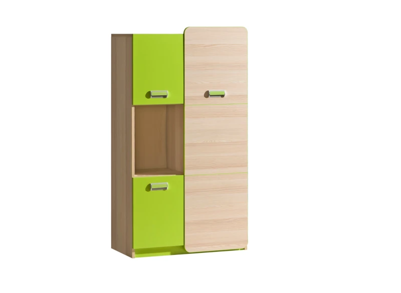 Szeroki regał dla dzieci, kolor jasnego drewna i jaskrawa zieleń.