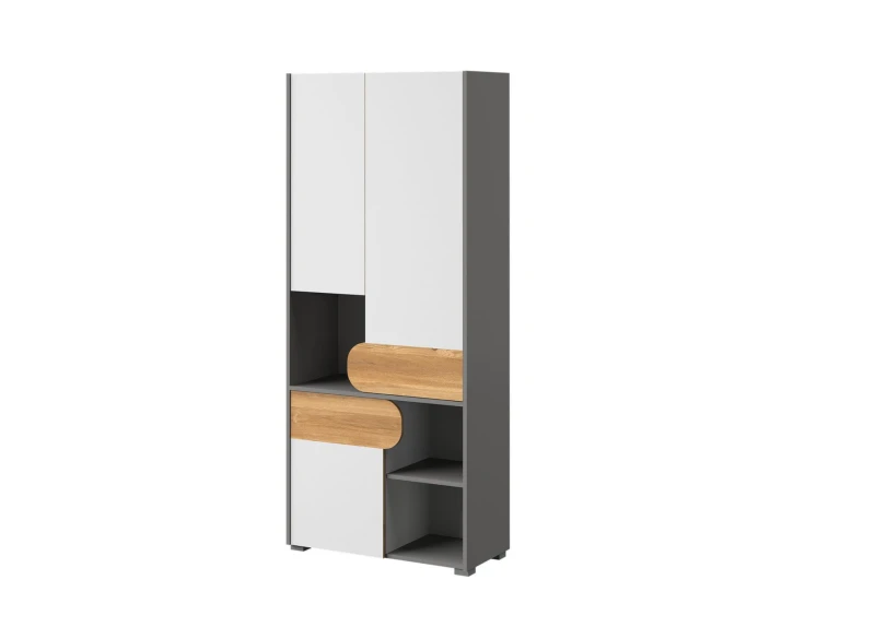 Nowoczesny regał szaro-biały z dębowymi uchwytami do pokoju młodzieżowego.