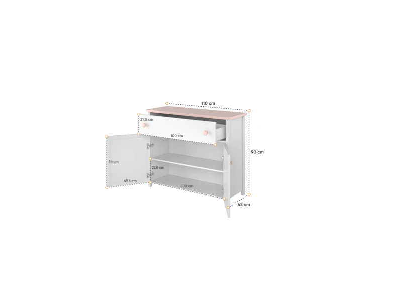Wymiary białej komody dziecięcej z otwartymi drzwiczkami i szufladą.
