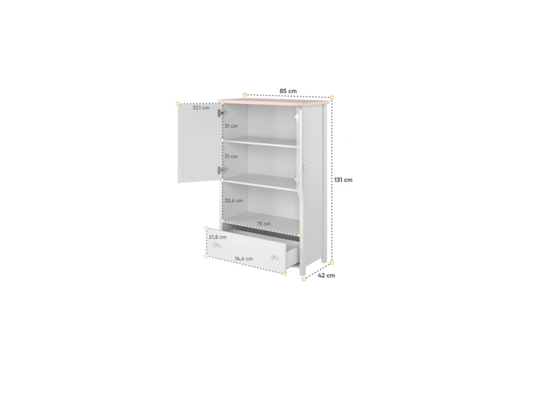Wymiary wysokiej szafki dziecięcej z otwartymi półkami i szufladą.