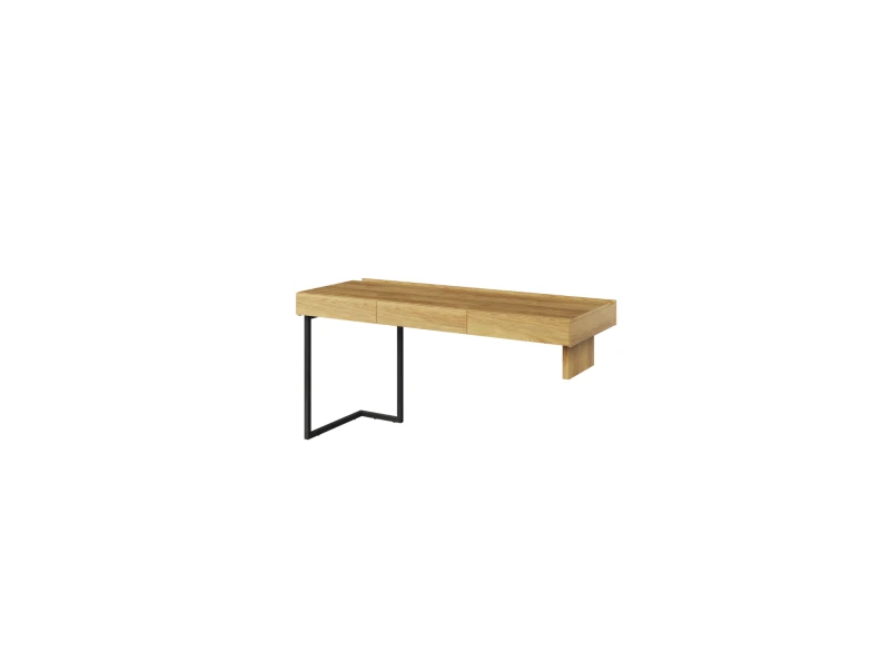 Minimalistyczne biurko dębowe na czarnych metalowych nogach do domowego biura.