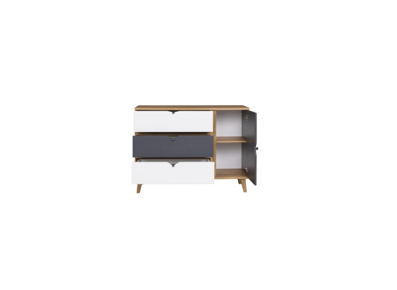 Komoda dębowa z otwartymi szufladami i drzwiczkami bocznymi